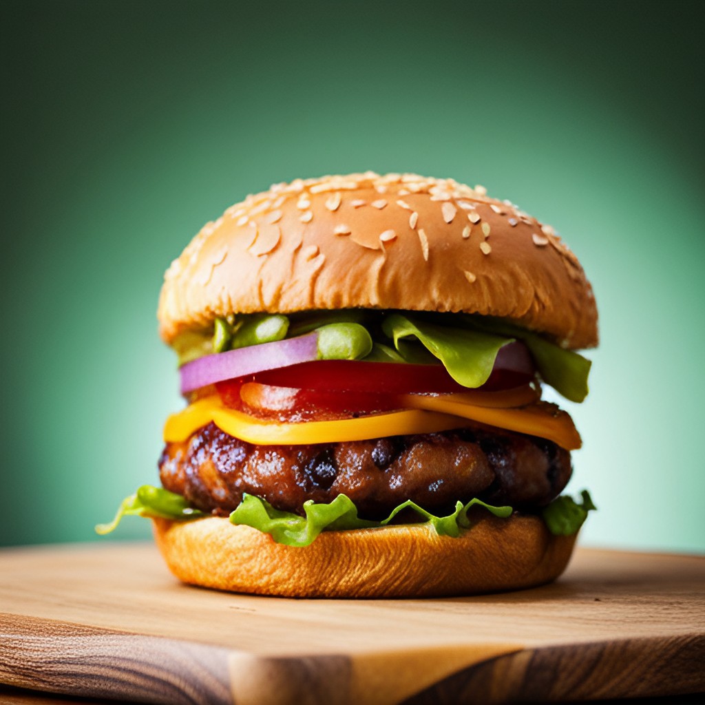 A juicy burger with fresh lettuce, melted cheese, crisp onion, tangy ketchup, and a perfectly cooked patty.