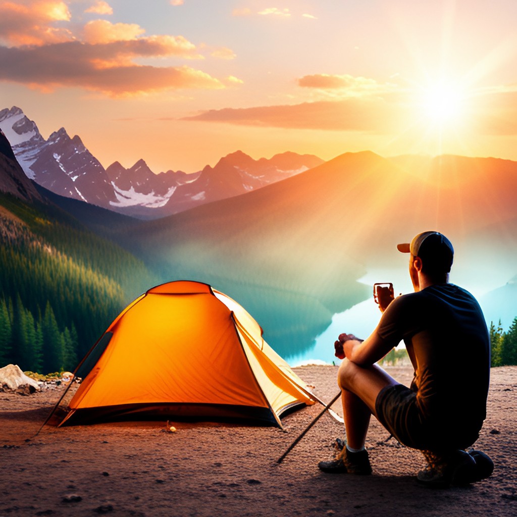 A man sitting by his tent, pensively looking at the picturesque mountain view during his camping adventure.