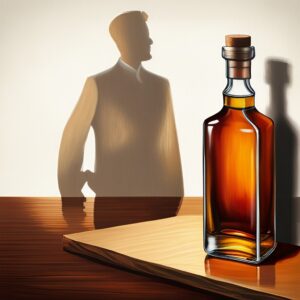 A whiskey bottle sitting on a table with the shadow of a man cast on the wall behind it, creating a silhouette of solitude and introspection