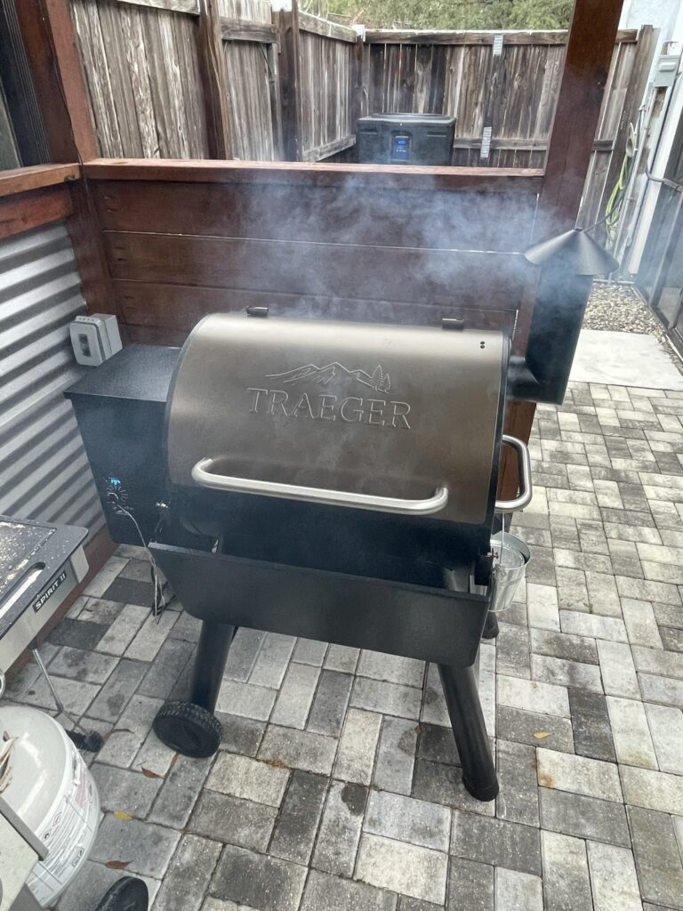 The Traeger grill smoking, as used in the pulled pork Traeger recipe.