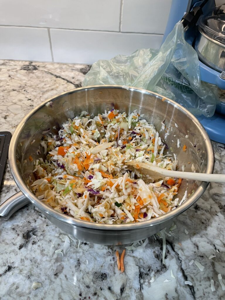 Homemade coleslaw, a perfect side for the smoked pulled pork Traeger style.