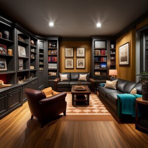 A comfortable and stylish garage man cave showcasing leather couches, shelves packed with rich sports memorabilia, and walls adorned with posters - a vivid demonstration of garage man cave ideas