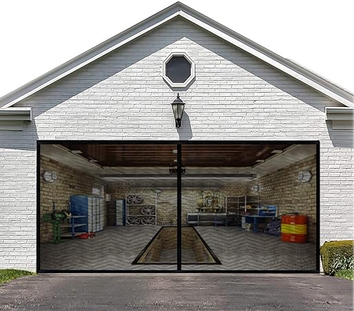 A view of a house and its garage equipped with a garage screen door.