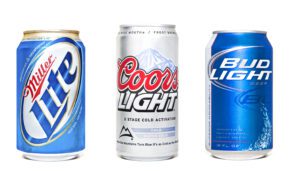 Cans of Miller Light, Bud Light, and Coors Light, emphasizing their low-calorie and low-carb content, including the specific Coors Light carbs and how many carbs in Coors Light.