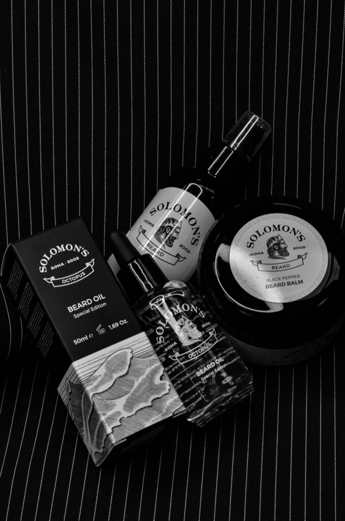 Assortment of beard grooming products for maintaining men's beard styles.